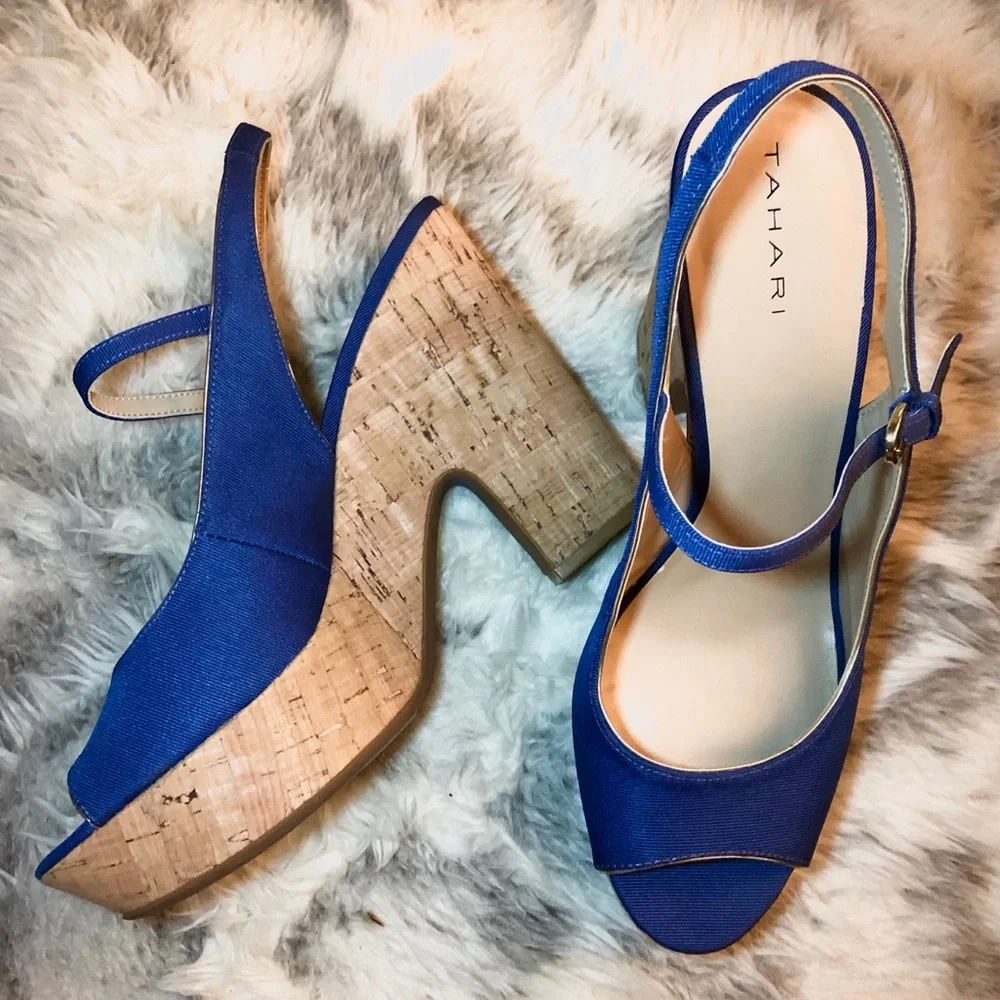 TAHARI “Misha” Blue Cork & Canvas Platform Slingback Heels